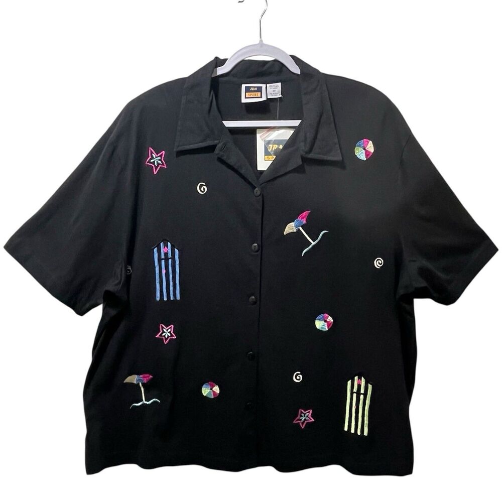 VTG JBM Sport 3X Black Button Front Shoulder Pads Beach Embroidery, Cotton, NWT